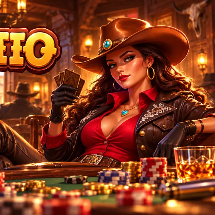 Cowgirl dealer at a saloon poker table with stacks of chips