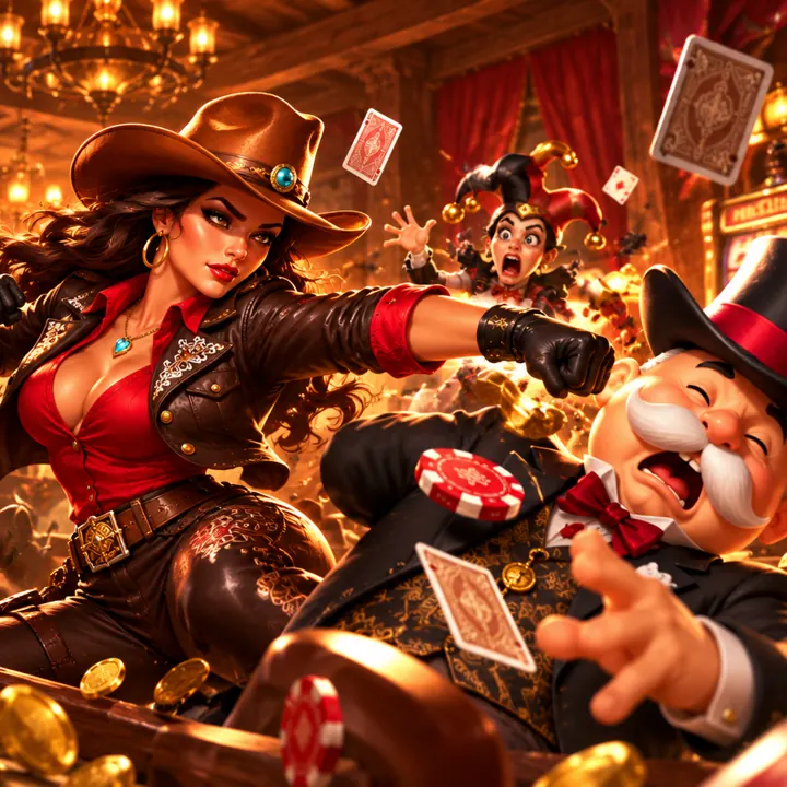 Cowgirl brawling through a saloon full of card-game characters